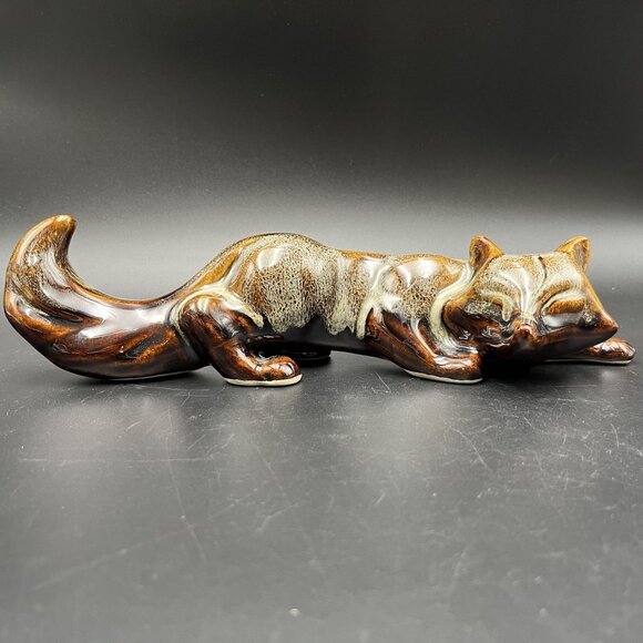 Vintage Art Pottery Fox Figurine Brown Drip Glaze Handcrafted Ceramic Sculpture - Picture 2 of 12